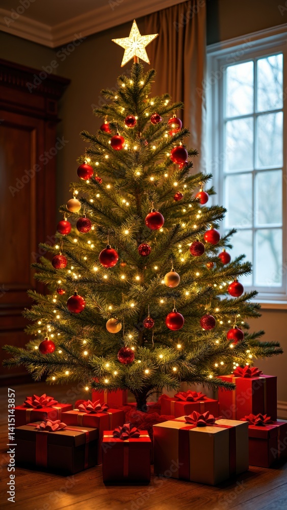 Large Christmas tree with many red and gold ornaments and a star on top. The tree is surrounded by several boxes of gifts