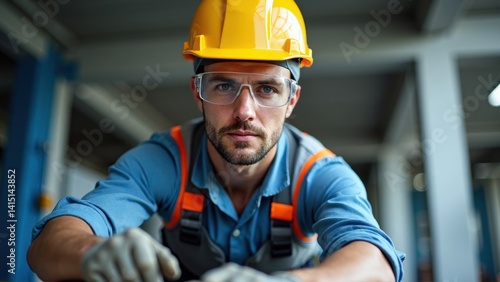 Obraz na płótnie Man wearing a yellow helmet and safety glasses is standing in a room. He is wearing a blue shirt and orange vest w salonie