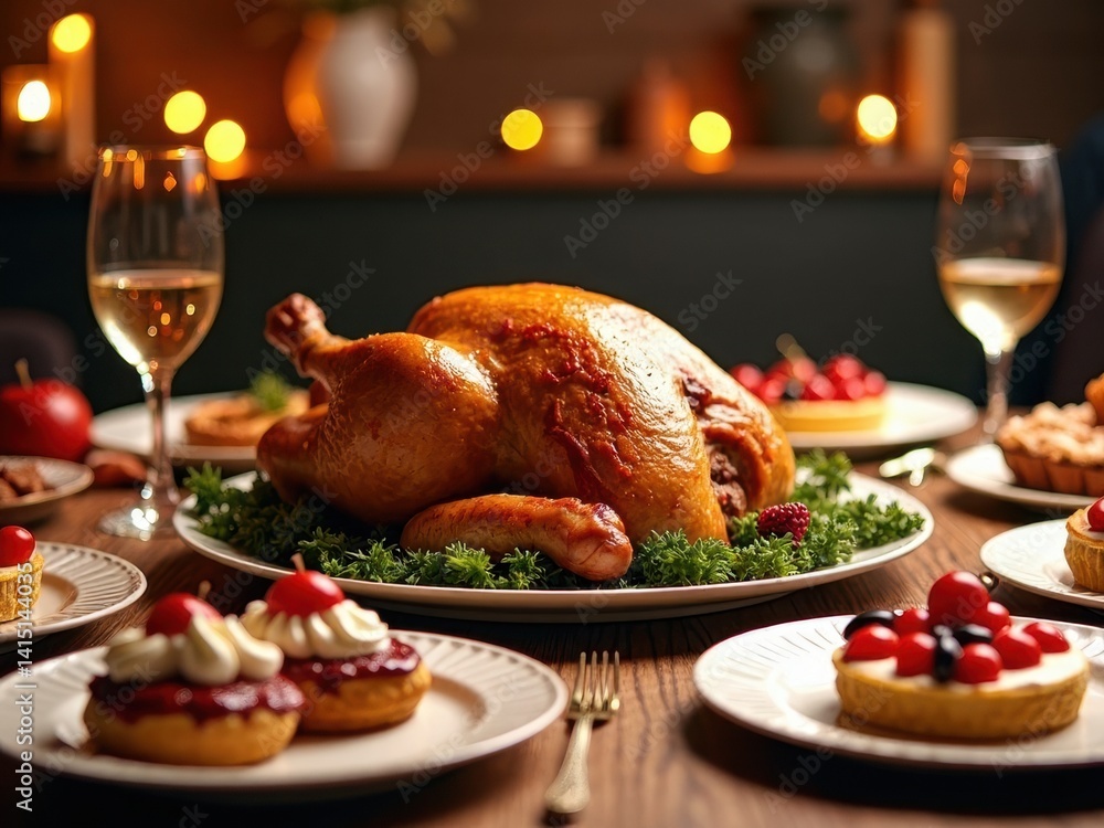 Table with a large turkey and many other dishes, including desserts. Scene is festive and celebratory, as it is a Thanksgiving dinner