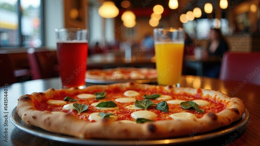 Pizza with cheese and basil sits on a table next to two glasses of orange juice. The scene is casual and inviting, with the pizza