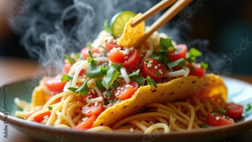 Plate of food with a lot of tomatoes and noodles. The plate is on a table and there is steam coming from it