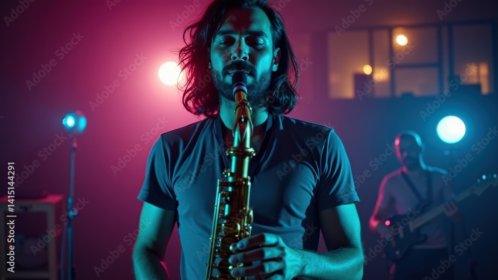 Man playing a saxophone in a dimly lit room. Scene is mysterious and intimate