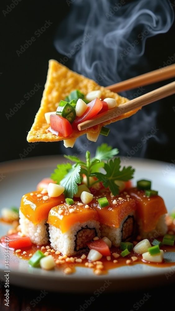 Plate of food with a piece of tortilla chip being lifted by chopsticks. The dish is a sushi roll with a variety of vegetables and a sauce