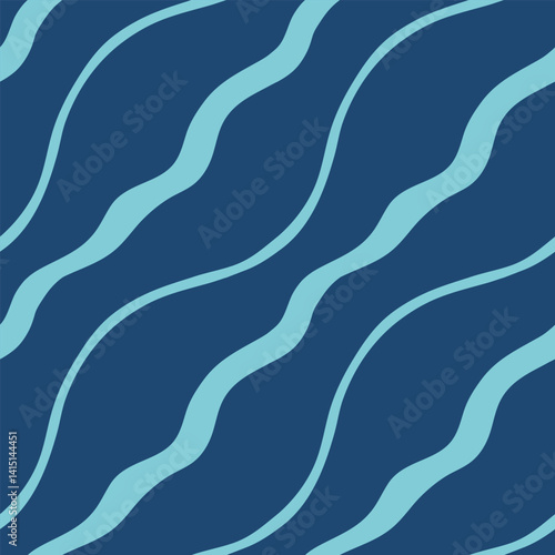 Blue diagonal wavy stripes vector seamless pattern. Modern minimal repeat design with hand drawn curved lines on dark background. Simple geometric tile for apparel, home textile, media, print