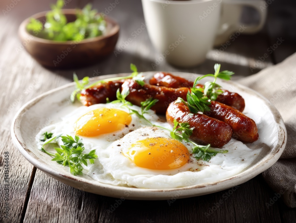 Delicious breakfast with sunny side up eggs brown sausages and fresh parsley on wooden table Delicious breakfast with sunny side up eggs brown sausages and fresh parsley on wooden table