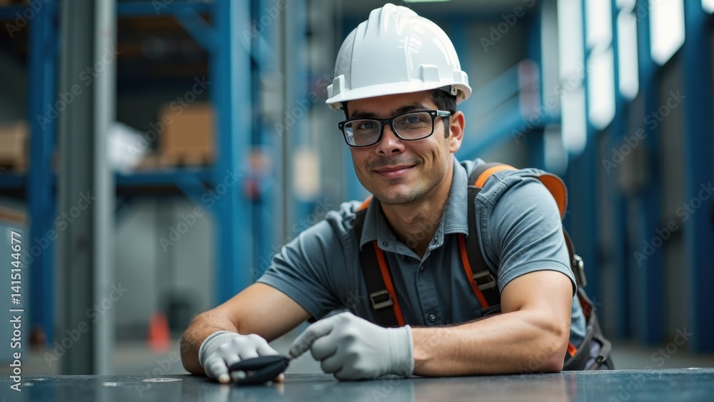 Man wearing a hard hat and safety glasses is smiling and pointing at something on a table. He is wearing a grey shirt and orange vest