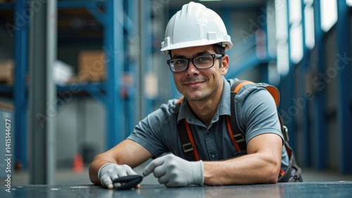 Obraz na płótnie Man wearing a hard hat and safety glasses is smiling and pointing at something on a table. He is wearing a grey shirt and orange vest w salonie