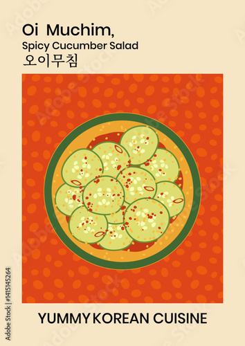 Korean food vector poster illustration. Spicy cucumber kimchi salad dish with Korean typography on bright red background. Traditional asian cuisine wall art template for interior decor, restaurant