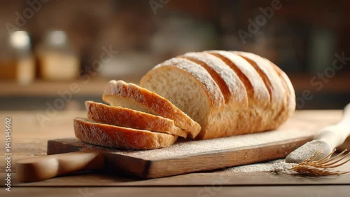 Freshly Baked Sliced Bread on Wooden Board Symbol of Comfort, Food Security, and Joy of Baking in Kitchen