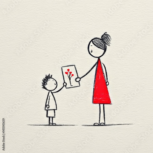 A heartwarming moment as a child offers a handmade drawing to a smiling mother.