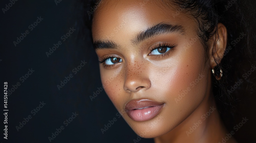 A woman with brown hair and brown eyes is wearing makeup
