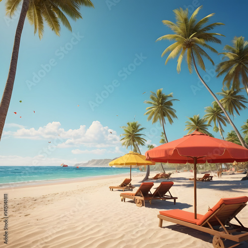 Idyllic Tropical Beach Scene Relaxing Lounge Chairs Under Colorful Umbrellas
