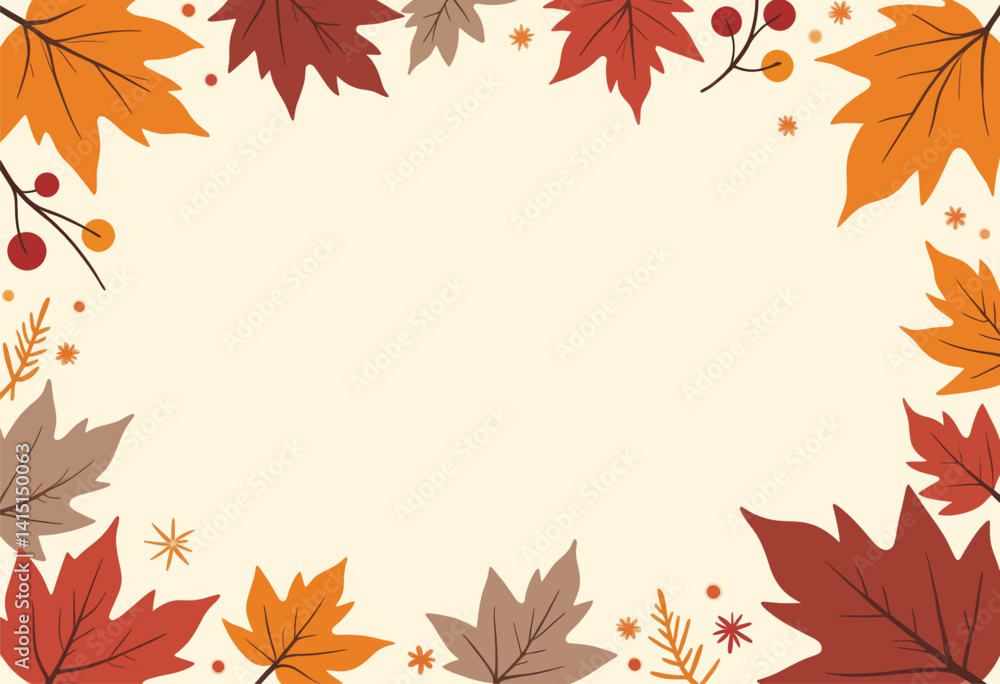Autumn Leaves and Berries Frame on Beige Background Autumn Leaves and Berries Frame on Beige Background