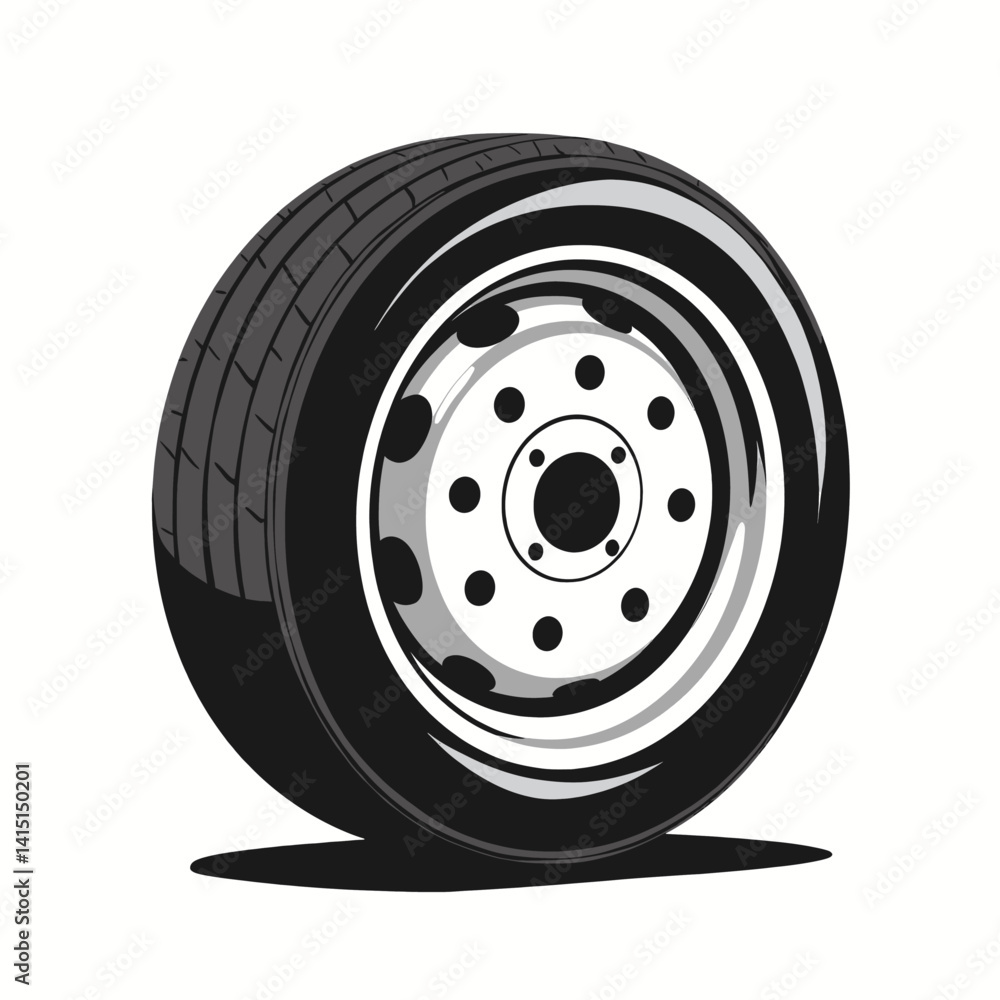 Black and White Car Tire with Steel Rim Illustration Black and White Car Tire with Steel Rim Illustration