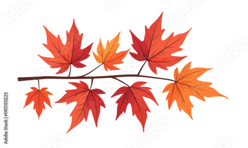 Autumnal Maple Leaves on Branch, Red and Orange Hues
