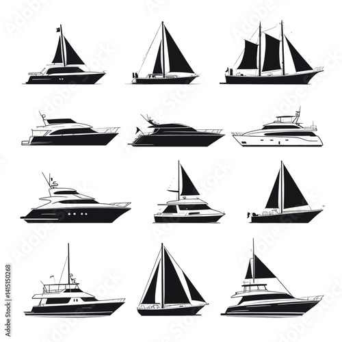 Black and white yacht and sailboat silhouettes set
