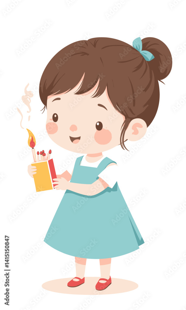 Cartoon girl with lit match and matchbox in hand Cartoon girl with lit match and matchbox in hand