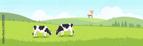 Cartoon Cows Grazing in Green Pasture with Windmill House