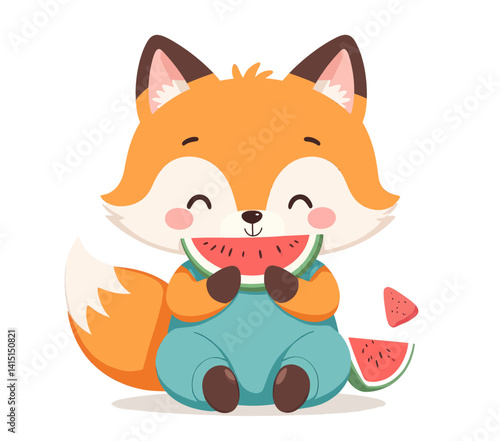 Cartoon fox eating watermelon slices in overalls