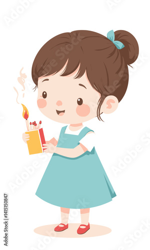 Cartoon girl with lit match and matchbox in hand