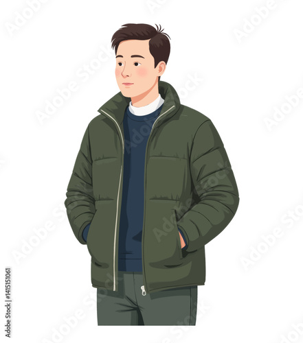 Cartoon man in green puffer jacket, hands in pockets