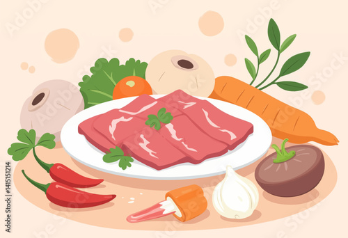 Cartoon Meat Slices with Vegetables and Spices