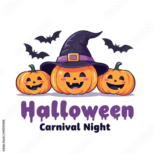 Cartoon pumpkins with witch hat and bats for Halloween