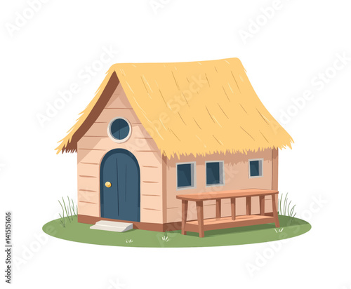 Cartoon Straw Roof House with Blue Door and Bench