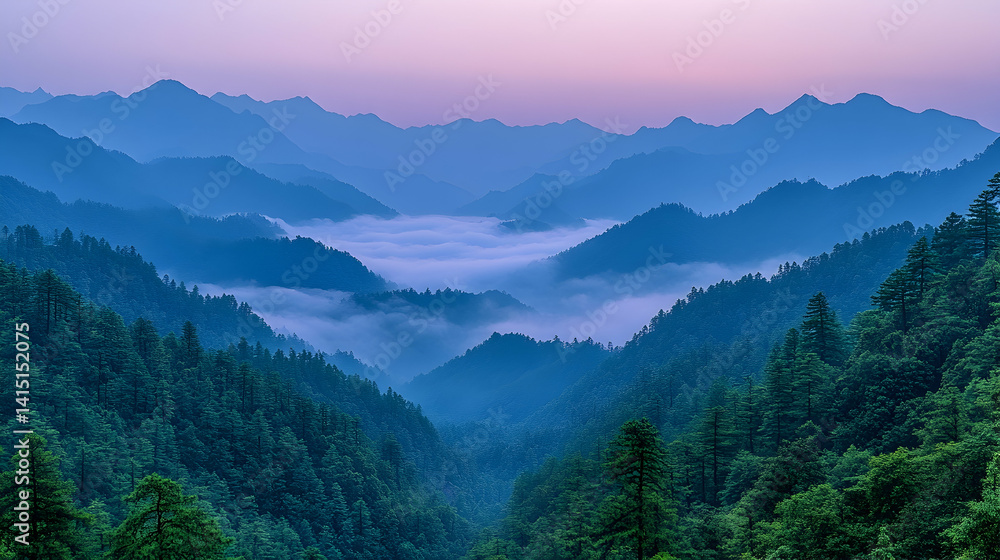 Obraz premium Layers of misty mountains cascade under a lavender sky dense forests cloak the slopes creating a serene vista