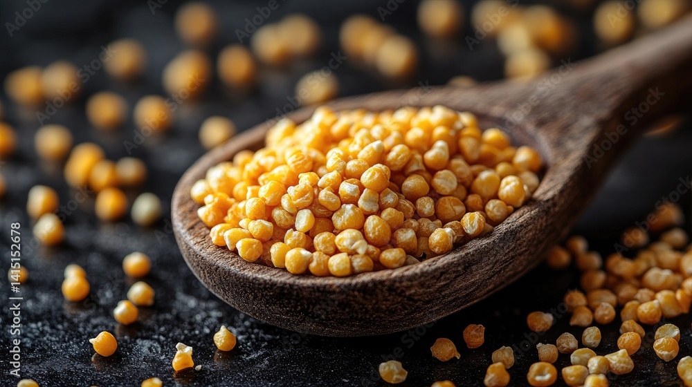 Wooden spoon of millet seeds on dark background Wooden spoon of millet seeds on dark background