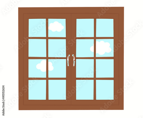 Cartoon window with clouds and blue sky view