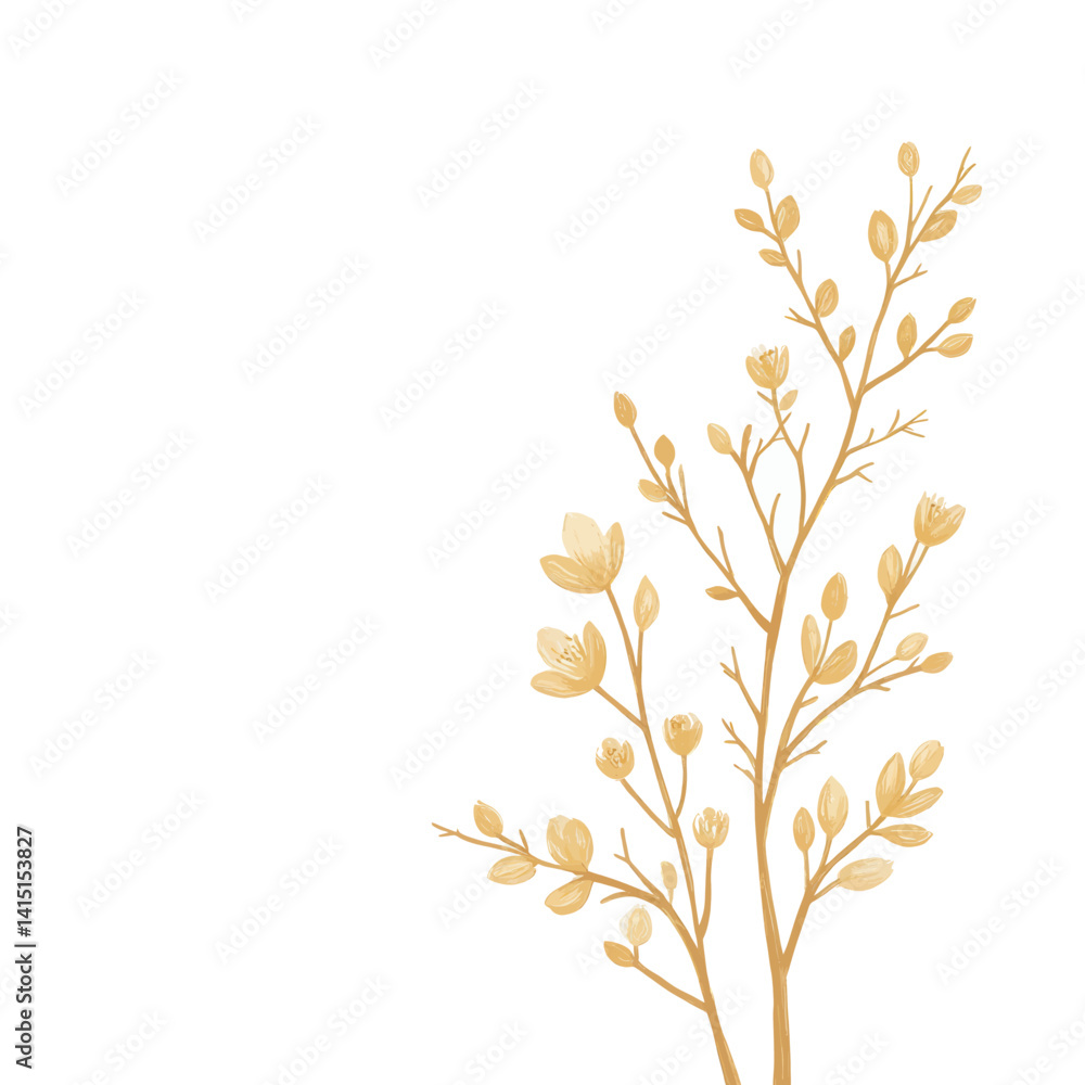 Floral branch with golden buds and blossoms on white Floral branch with golden buds and blossoms on white