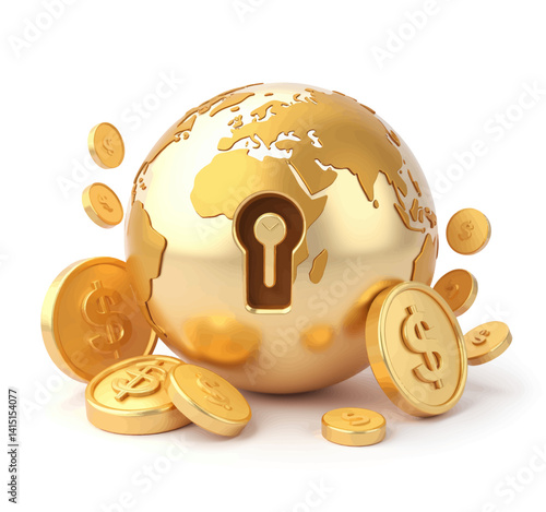 Golden Earth Globe with Keyhole and Dollar Coins
