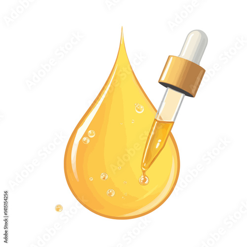 Golden oil drop with pipette on white background