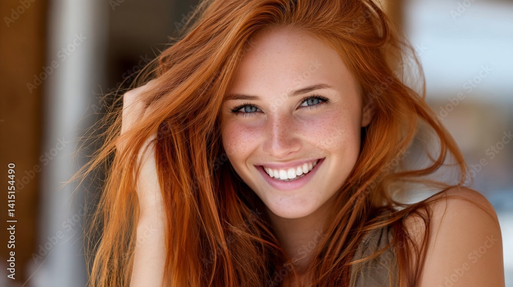 Fototapeta premium Portrait of a beautiful woman with bright red hair and blue eyes smiling radiantly
