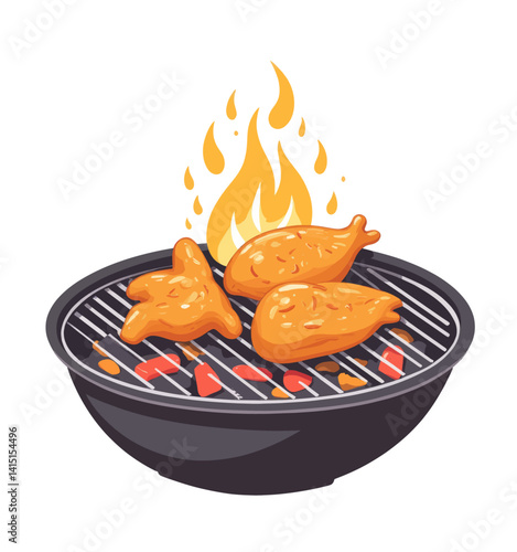 Grilled Chicken Wings on Flaming BBQ Grill