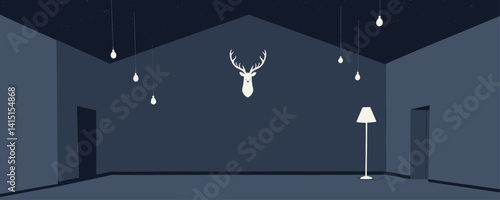 Minimalist Blue Room with Deer Head and Hanging Bulbs