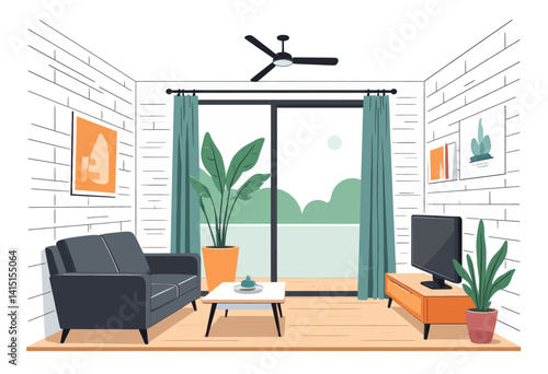 Modern Living Room with Brick Wall and Large Window