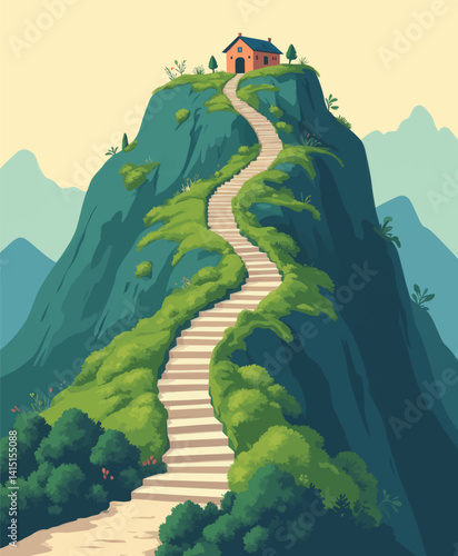 Mountain peak home with long staircase climb illustration