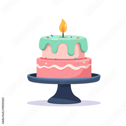 Pink two-tier cake with green frosting and a candle