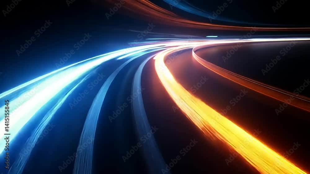 Dynamic light trails abstract animation, fast speed highway with smooth blurred motion
