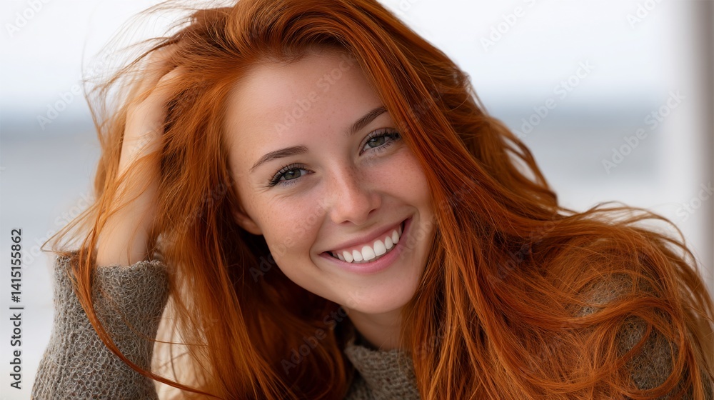 Fototapeta premium Smiling woman with vibrant red hair and a natural, joyful expression. She touches her hair