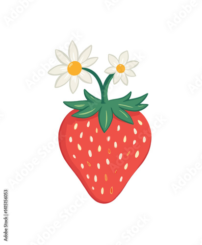 Strawberry with daisy flowers, whimsical illustration