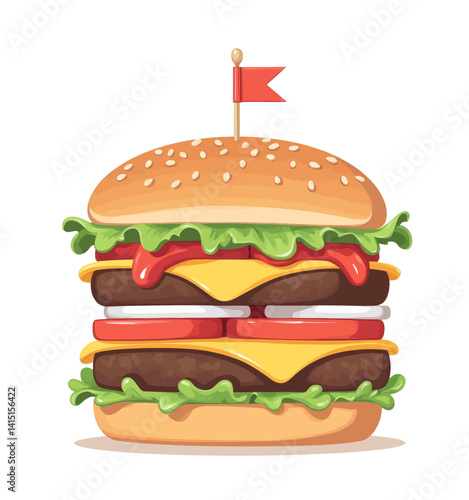Towering double cheeseburger with flag and sesame seed bun