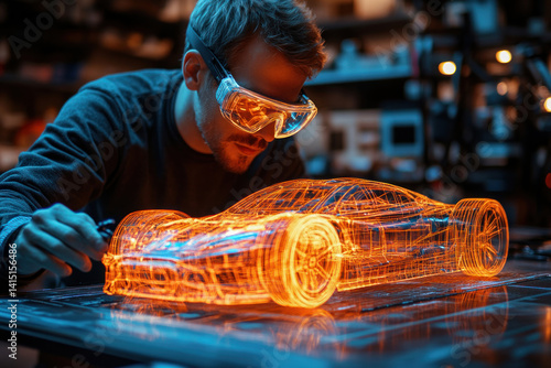 Obraz na płótnie A modern conceptual illustration of an engineer or designer working with a holographic model of a sports car. w salonie