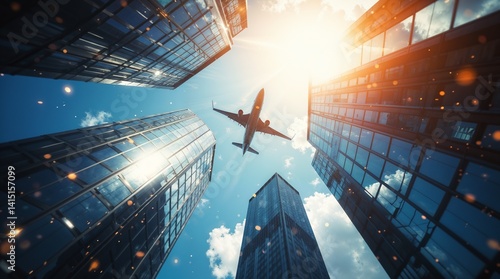 Airplane flies over skyscrapers against bright sky during daytime in urban environment