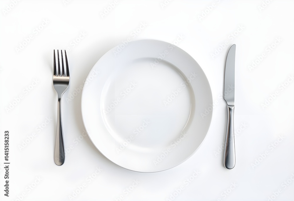 Empty white plate with fork and knife on white background. Empty plate template. Classic dining setup with fork and knife next to plate. Plate template for inserting food. Empty white plate with fork and knife on white background. Empty plate template. Classic dining setup with fork and knife next to plate. Plate template for inserting food.