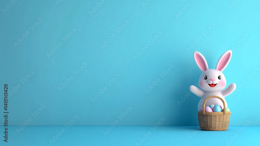 Obraz premium Animated Easter bunny smiling and waving with a basket against a vibrant blue background made with Generative AI technology