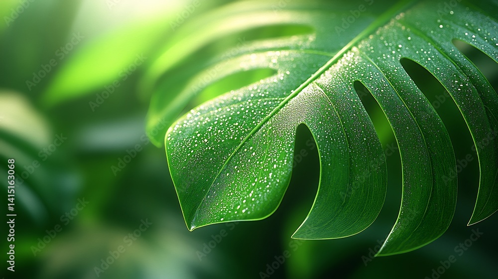 Fototapeta premium Dew-Kissed Monstera Leaf: A Symphony of Green