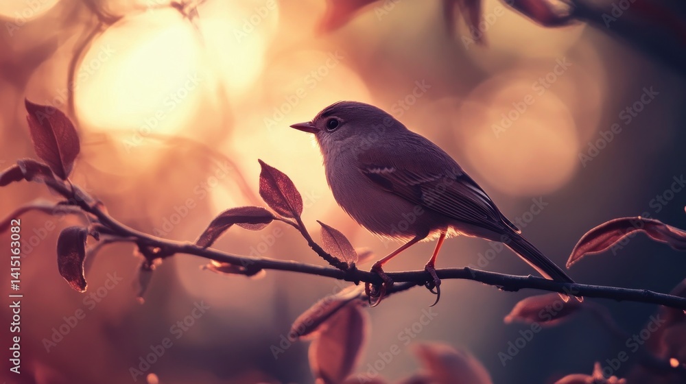 Sunrise bird perched on branch, bokeh background Sunrise bird perched on branch, bokeh background